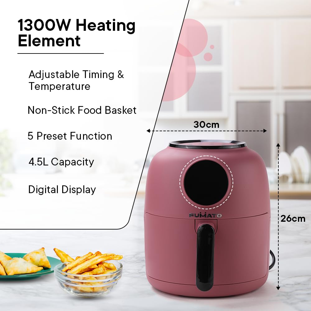 The Better Home Fumato Digital Electric Grill Air Fryer for Home- 12 Presets, 4.5L,1300W, 5-in-1 Roast, Bake, Grill, Fry, Defrost | 90% Less Oil, Rapid Air Technology | 1 Year Warranty (Cherry Pink)