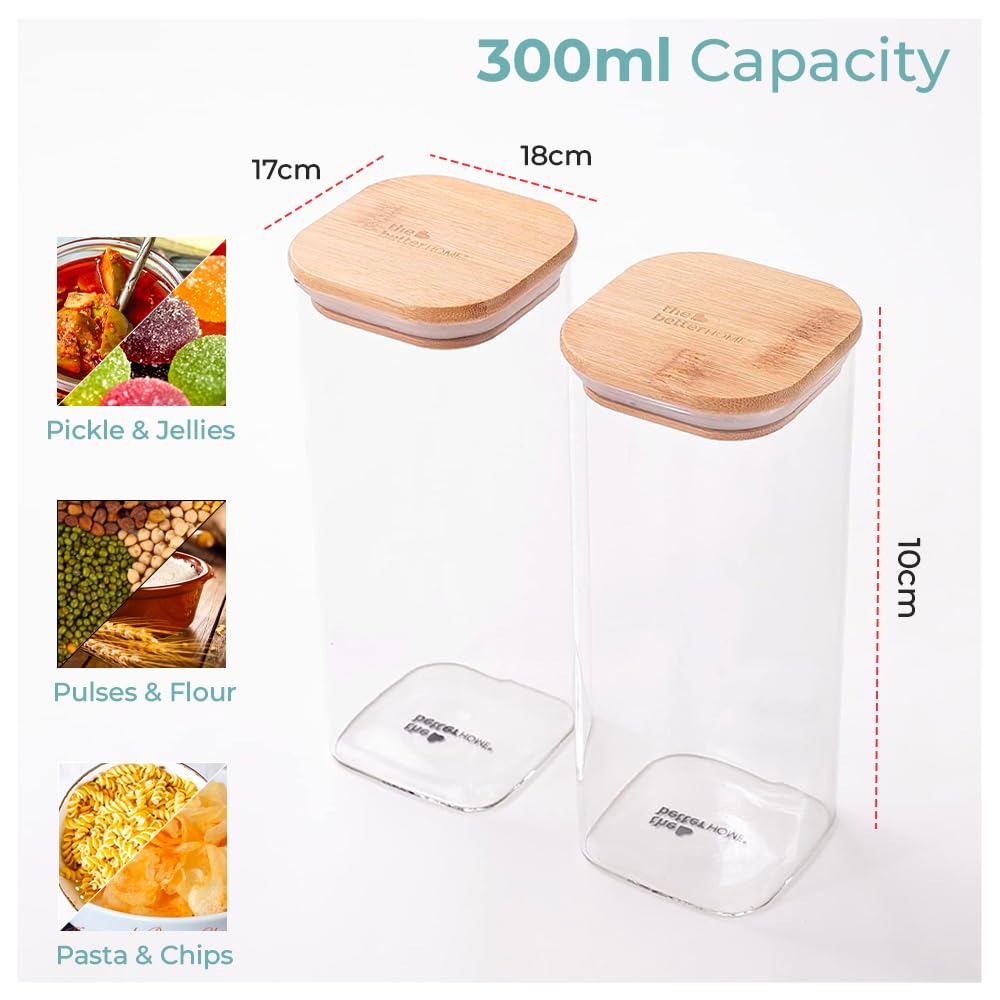 The Better Home Pack of 6 Kitchen Accessories Item with Bamboo Lid I Rectangular Transparent Airtight Borosilicate Kitchen Containers Set | Glass Jars for Cookies Snacks Pulses Dry Fruits | 300ml Each