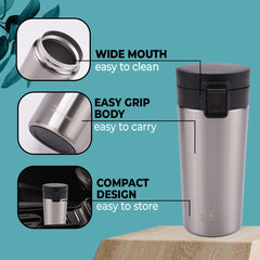 Vacuum Insulated Coffee Mug (380ml) | Double Wall Insulated Stainless Steel Coffee Mug | Hot and Cold Coffee Tumbler | Coffee Mug with Lid for Home & Office | Silver