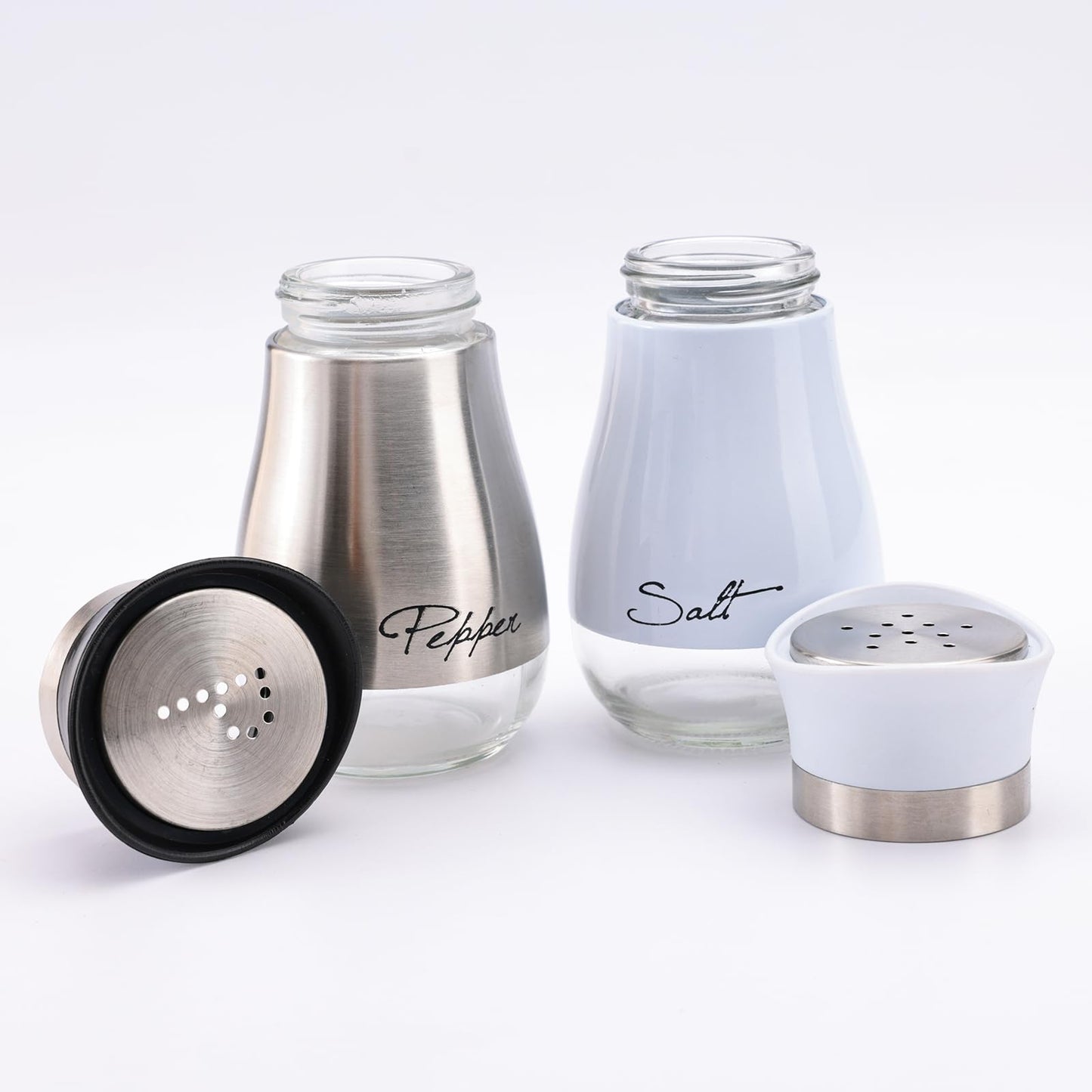 The Better Home Glass Salt and Pepper Shaker Set | Pack of 2 | White and Silver | Glass | Salt and Pepper Dispenser Sprinkler Bottle