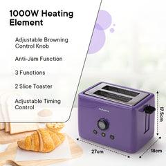 Fumato 1000W Bread Toaster 2 Slices with Bun Rack | Stainless Steel Auto Pop Up Toaster- 6 Heating Modes, Removable Crumb Tray, Extra Wide Slots | Cancel, Reheat & Defrost | 1 Yr Warranty- Purple