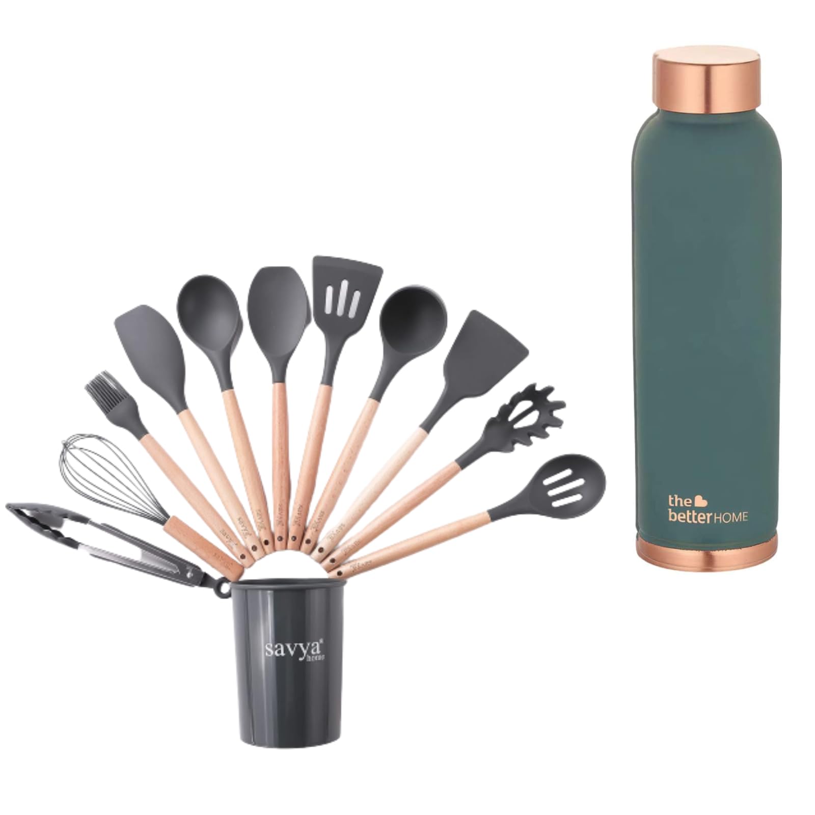 The Better Home 100% Pure Copper Water Bottle 1 Litre, Teal & Savya Home 12 pcs Silicon Spatula Set, Grey