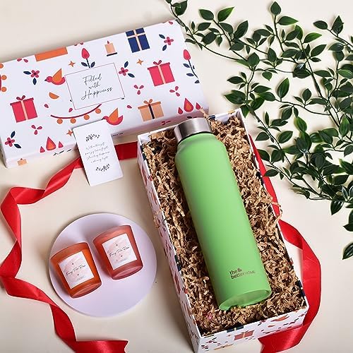 The Better Home Gift Set for Housewarming, Diwali | Gift Box of 3 with Stainless Steel Bottle(Green, 1 LTR) & 2 Candles(60g) | Gift for Housewarming,Secret Santa Gifts