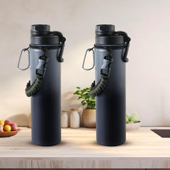The Better Home Pack of 2 Stainless Steel Insulated Water Bottles | 1200 ml Each | Thermos Flask Attachable to Bags & Gears | 6/12 hrs hot & Cold | Water Bottle for School Office Travel | Black-Grey