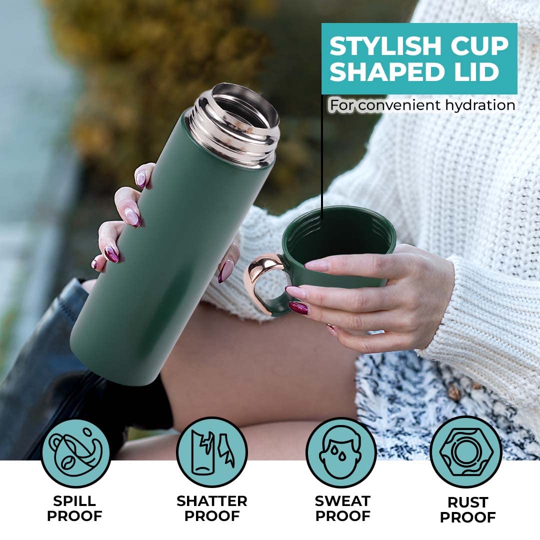 Insulated Flask - Leak Proof, Rust Proof | Includes Cup | 500ml | Dark Green | 6 Hours Hot & Cold