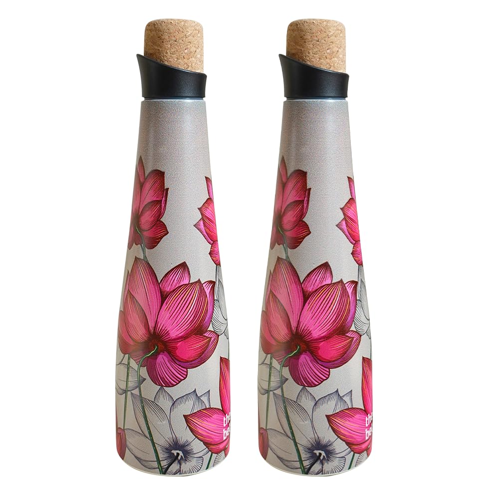 Combo: Insulated Stainless Steel Water Bottles - 18 Hours Insulation | Cork Cap | 750ml Each | Pink Lotus