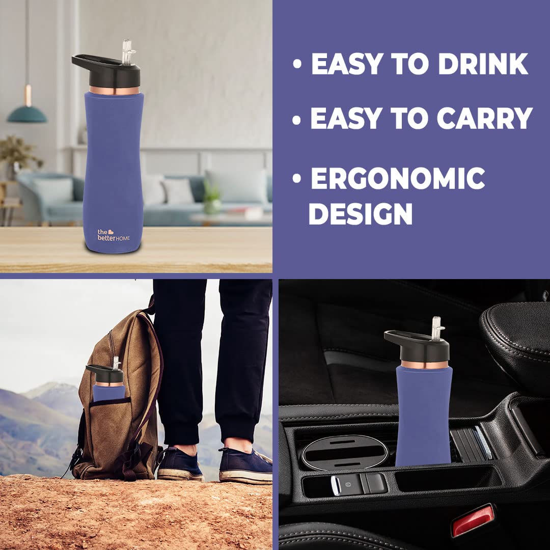 Combo: 100% Pure Copper Water Bottle with Sipper | BPA Free, Non-Toxic, Anti-Oxidant | 950ml | Purple