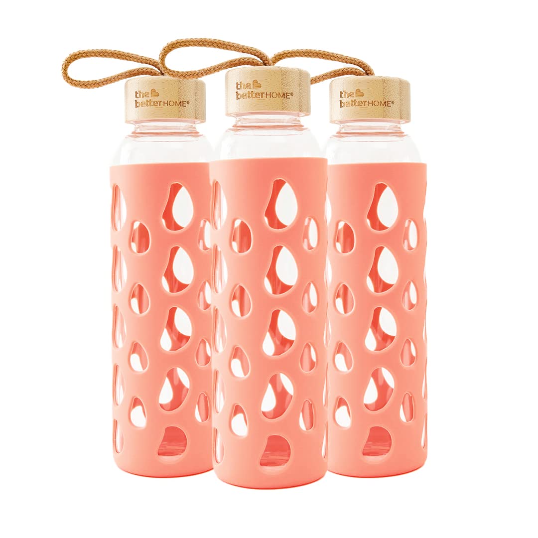 Pack of 3: Borosilicate Glass Water Bottles - Non-Slip Silicone Sleeve, Bamboo Lid | 550ml | Clear