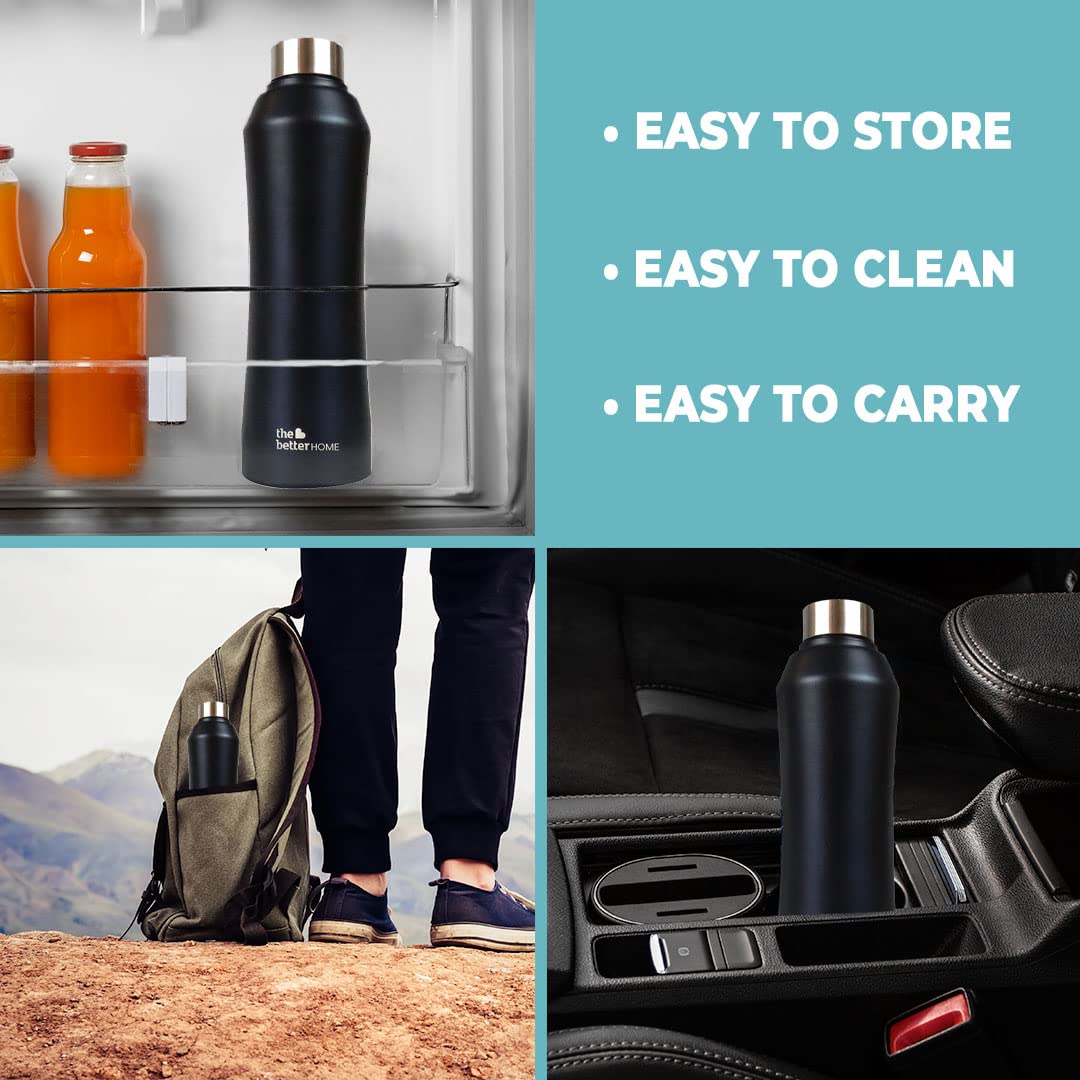 The Better Home 1000 Stainless Steel Water Bottle 1 Litre - Black Pack of 6 | Eco-Friendly, Non-Toxic & BPA Free Water Bottles 1+ Litre | Rust-Proof, Lightweight, Leak-Proof & Durable