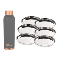 The Better Home 100% Pure Copper Water Bottle 1 Litre, Grey & Savya Home 6 pcs Big Plate Set
