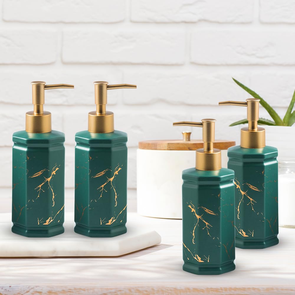 The Better Home 350ml Dispenser Bottle - Green (Set of 4) | Ceramic Liquid Dispenser for Kitchen, Wash-Basin, and Bathroom | Ideal for Shampoo, Hand Wash, Sanitizer, Lotion, and More