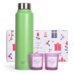 The Better Home Gift for Housewarming, Diwali | Gift Box of 3 with Steel Bottle(Green, 1 LTR) & 2 Candles (60g) | Gift for Housewarming, Secret Santa Gifts