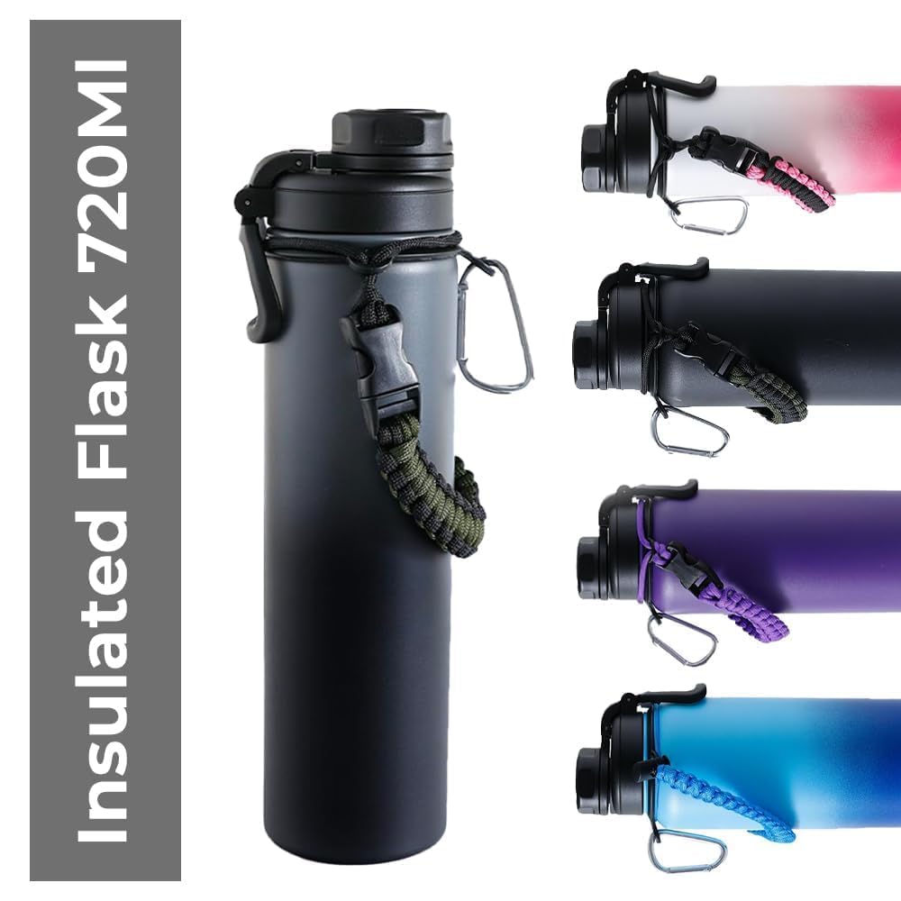 Combo: Insulated Water Bottle with Vacuum Insulation & Carabiner | 720ml | Black-Grey | Travel Ready