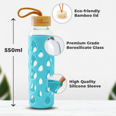 Borosilicate Glass Water Bottle with Sleeve 550ml | Non Slip Silicon Sleeve & Bamboo Lid | Water Bottles for Fridge | Light Blue (Pack of 20)