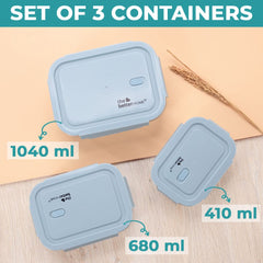 Glass Airtight Container Set For Food Storage (1040ml, 680ml, 410ml) | Leak Proof | Air Tight Lunch Box for Office, Fridge & School | Durable Borosilicate Glass (Blue)