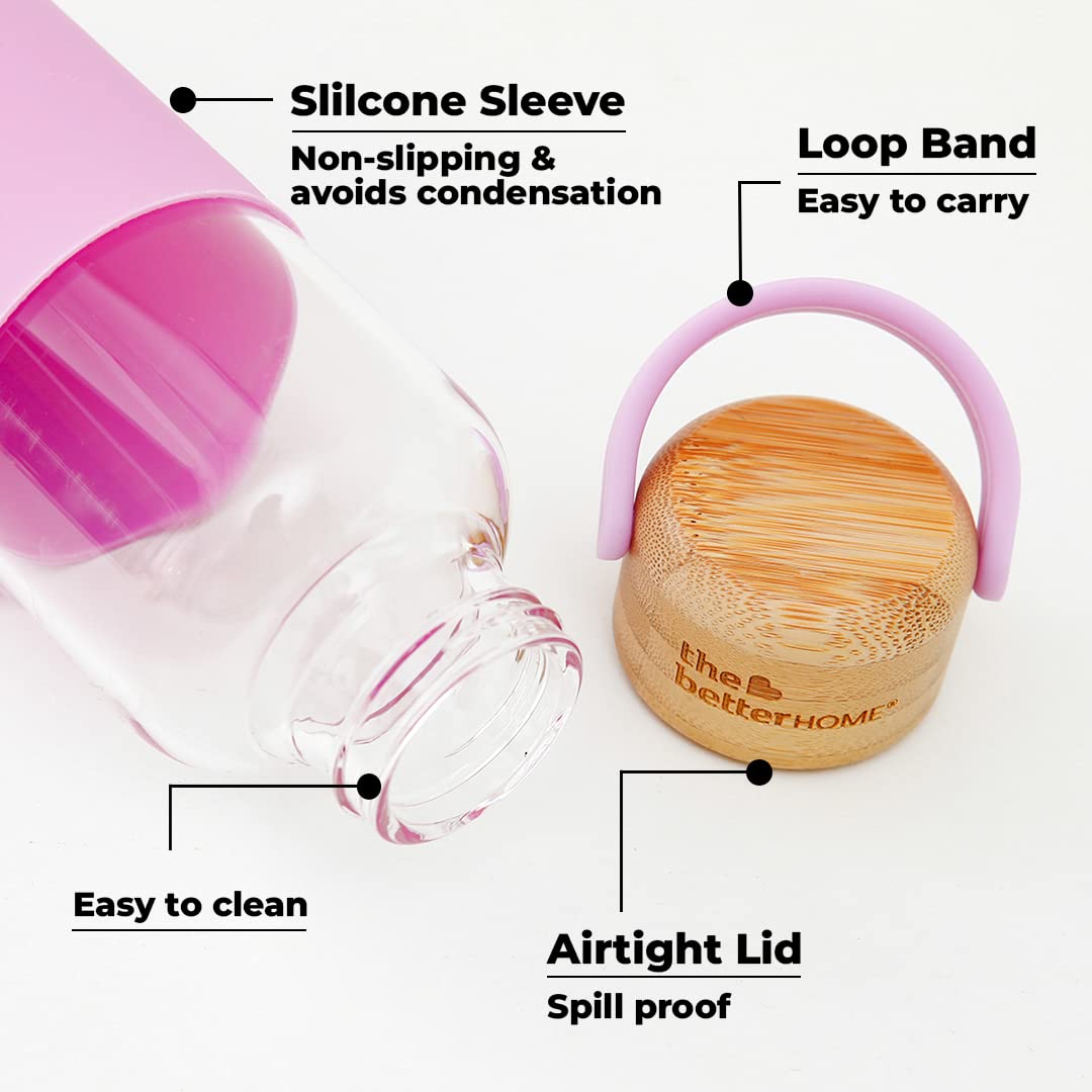 Pack of 10: Borosilicate Glass Water Bottles - Non-Slip Sleeve, Bamboo Lid | 500ml | Pink