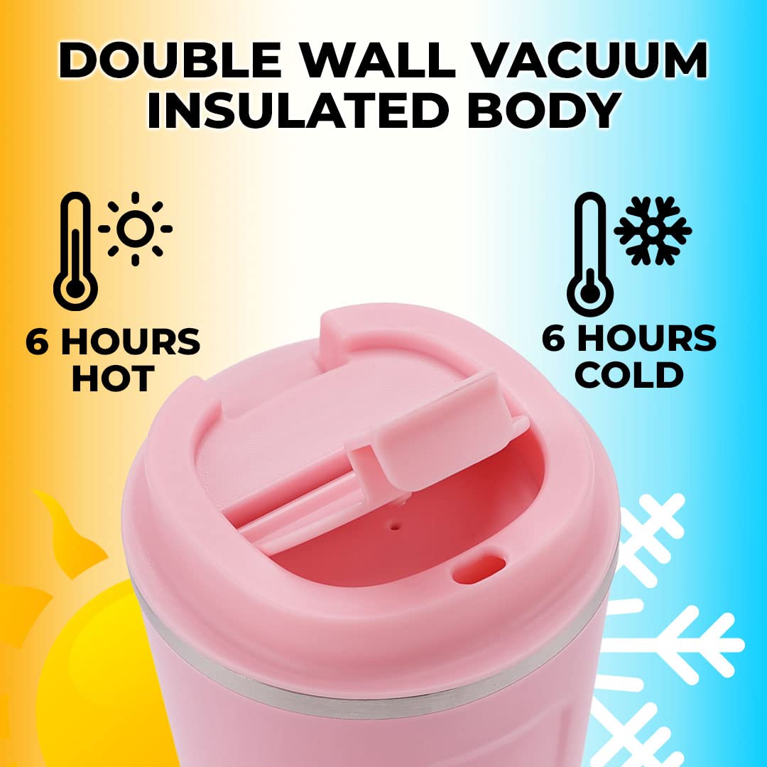 The Better Home 380 ml Insulated Coffee Cup Tumbler | Double Walled 304 Stainless Steel | Leakproof | Spillproof Silicone Rim | 6 hrs hot & Cold | BPA Free | Perfect for Home & Office | Blue (Pink)