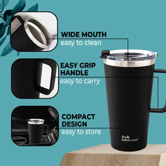 Insulated Coffee Mug with Lid & Handle (450ml) | Double Wall Insulated Stainless Steel Coffee Mug | Hot and Cold Coffee Tumbler | Coffee Mug for Travel | Blue-Pink (Black)