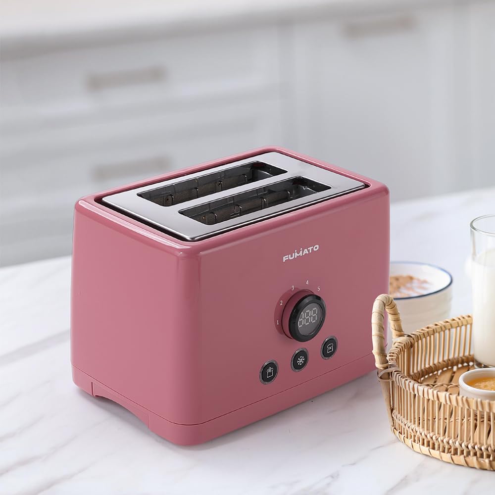 Stainless Steel 1000W 2-Slice Pop Up Toaster with 6 Heating Modes & Removable Crumb Tray | Cherry Pink