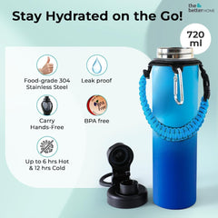 The Better Home Pack of 2 Stainless Steel Insulated Water Bottles | 720 ml Each | Thermos Flask Attachable to Bags & Gears | 6/12 hrs hot & Cold | Water Bottle for School Office Travel | Blue-Aqua