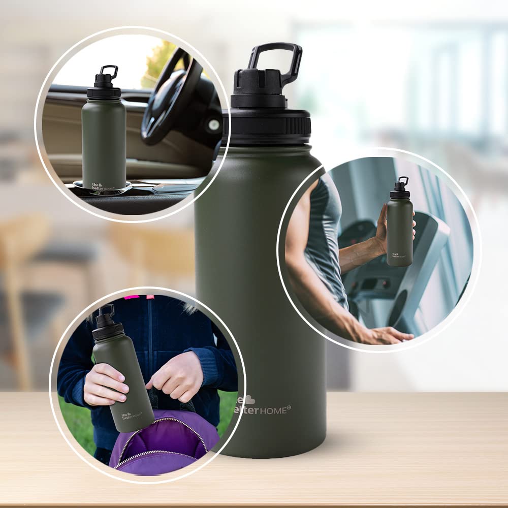 Insulated Water Bottle - Leakproof, Double Wall for Hot & Cold | 1 Litre | Army Green | Easy to Carry