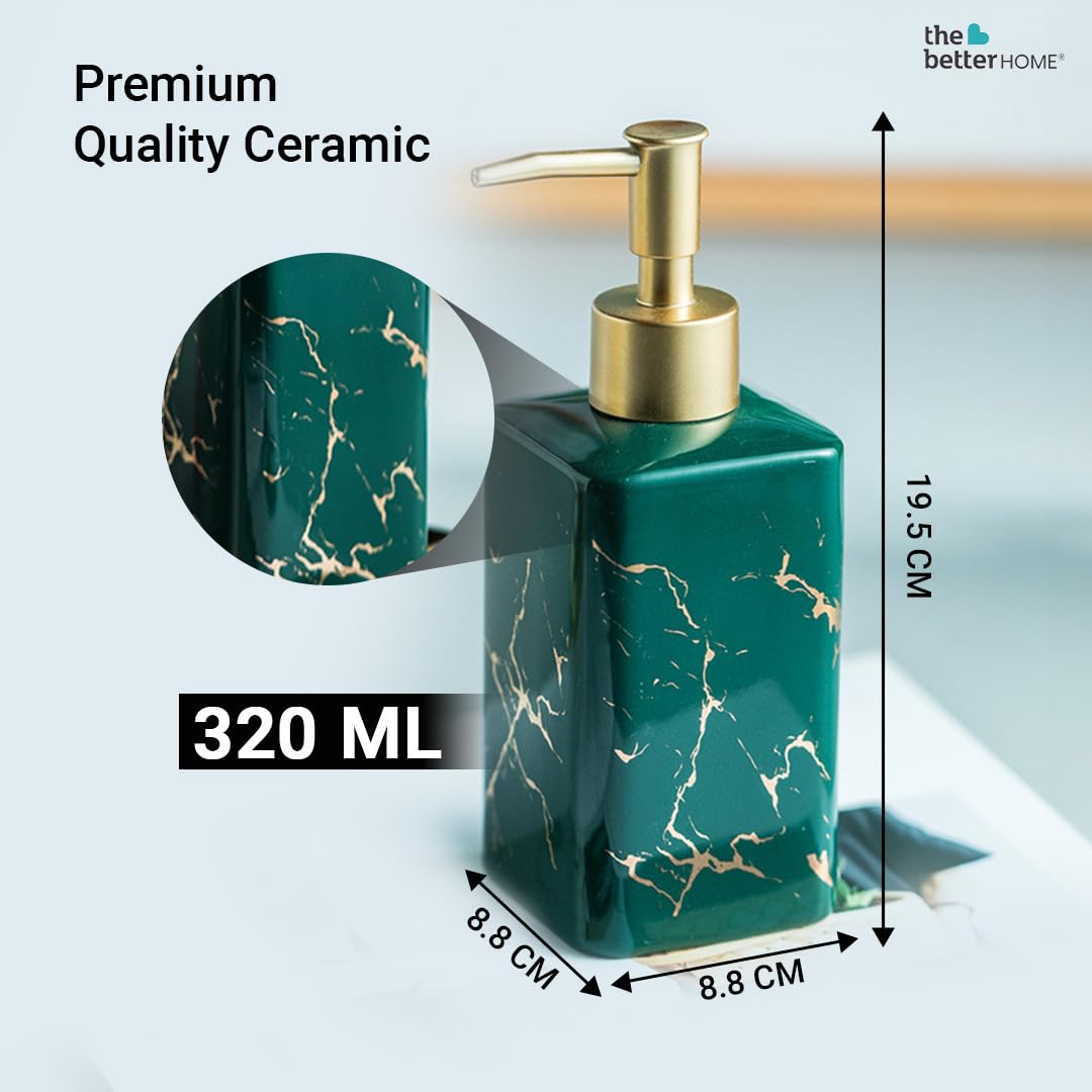 The Better Home 320ml Dispenser Bottle - Green (Set of 2) | Ceramic Liquid Dispenser for Kitchen, Wash-Basin, and Bathroom | Ideal for Shampoo, Hand Wash, Sanitizer, Lotion, and More