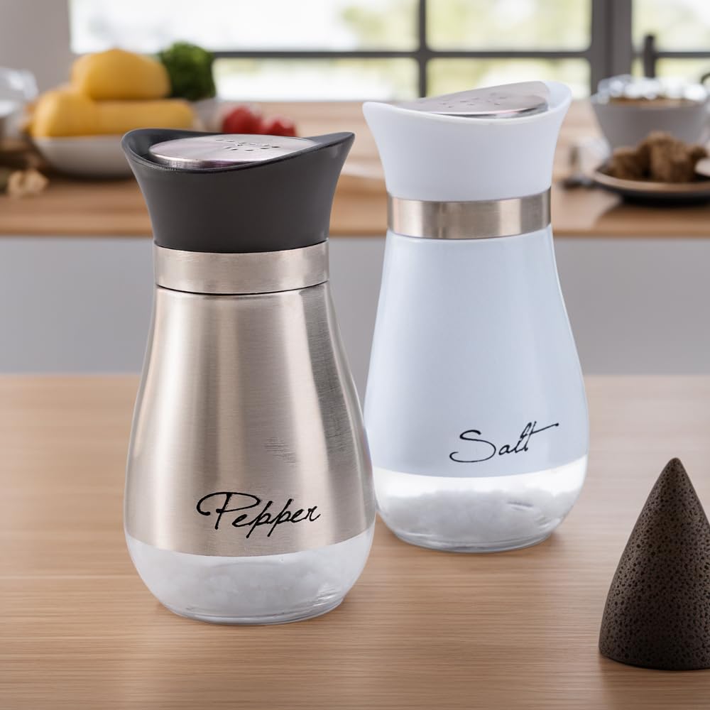 The Better Home Glass Salt and Pepper Shaker Set | Set of 2 | White and Silver | Glass | Salt and Pepper Dispenser Sprinkler Bottle (Pack of 3)