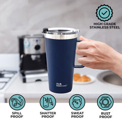 Insulated Coffee Mug with Lid & Handle (450ml) | Double Wall Insulated Stainless Steel Coffee Mug | Hot and Cold Coffee Tumbler | Coffee Mug for Travel | Blue-Pink (Blue)