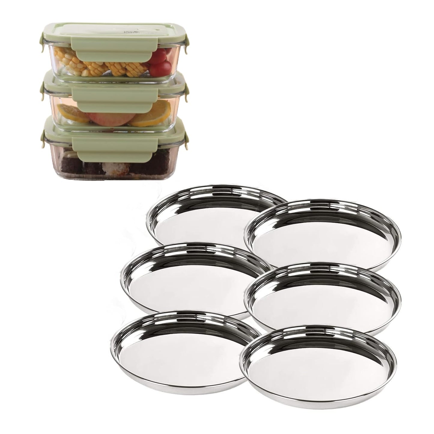 Combo: Food Storage Glass Jars & Plates - Ideal for Kitchen Organization | (3 Jars + 6 Big Plates) | 1000ml