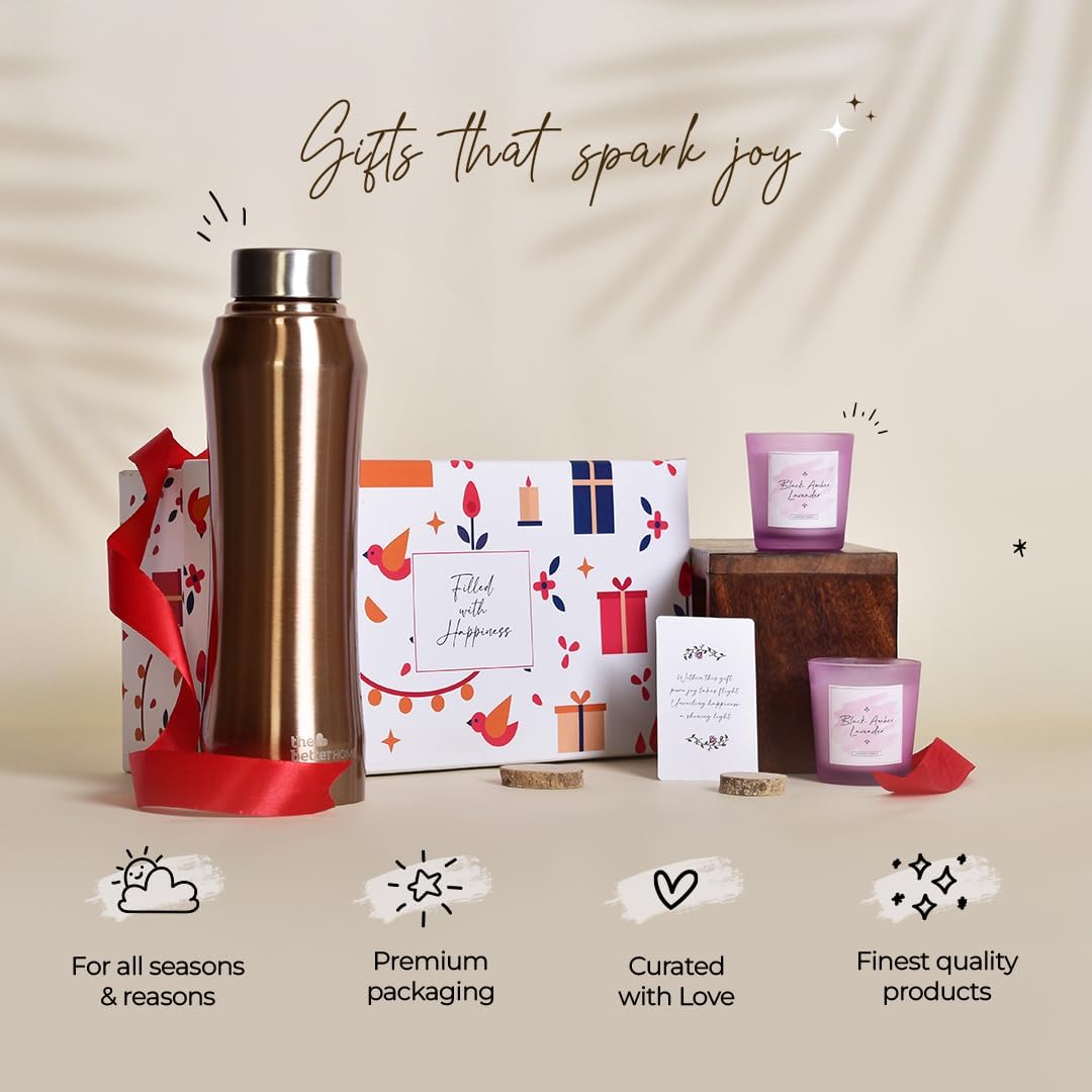 The Better Home Gift Set for Housewarming, Diwali |Gift Box of 3 with Steel Bottle (Gold,1 LTR) & 2 Candles(Lavender,60g) | Gift for Housewarming, Secret Santa Gifts