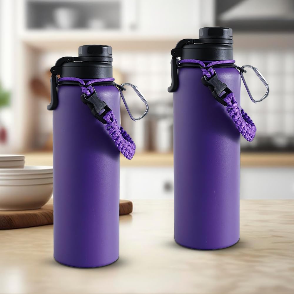 Combo: Insulated Water Bottle with Vacuum Insulation & Carabiner | 720ml | Hot & Cold | Purple