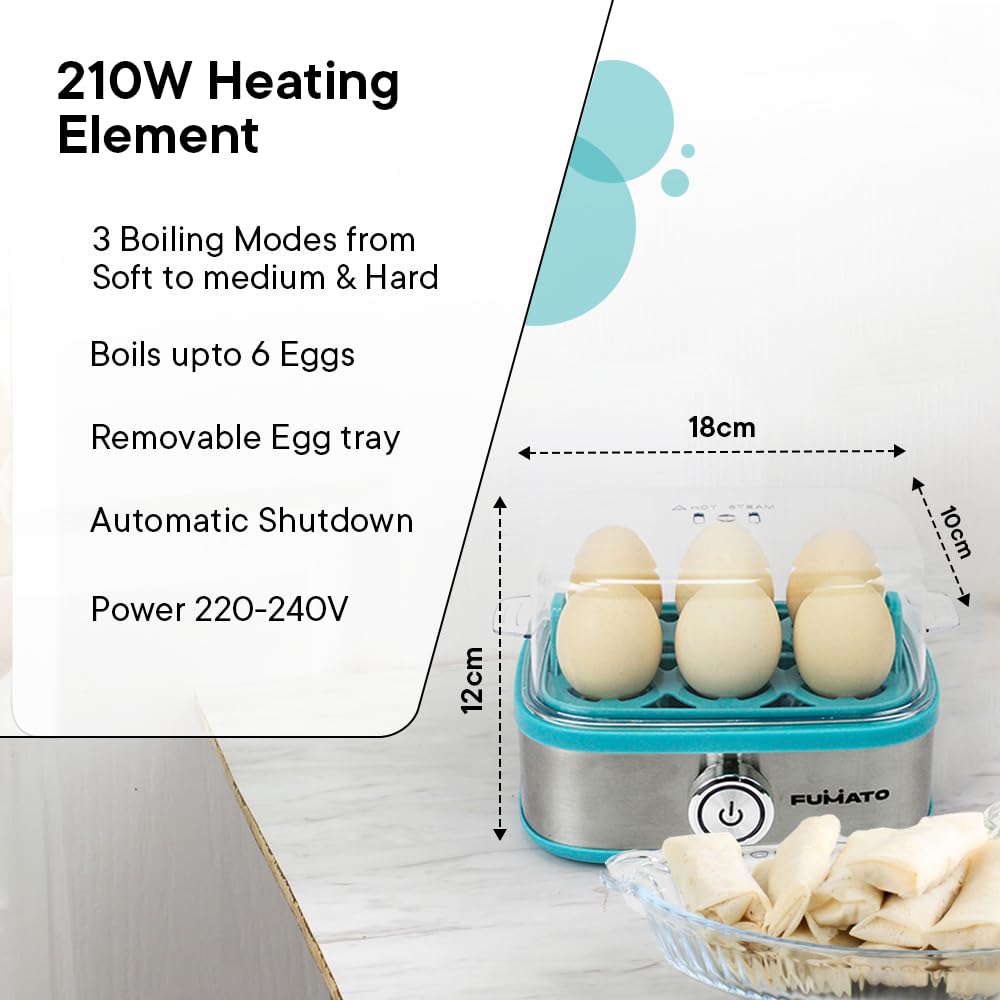 FUMATO Eggwhiz Electric Egg Boiler 210W | 6 Egg Boiler, 3 Preparation Modes - Soft, Medium & Hard| Poaching accessory | Steamed Vegetables | Transparent Lid | Stainless Steel | 1 year Warranty | Misty Blue