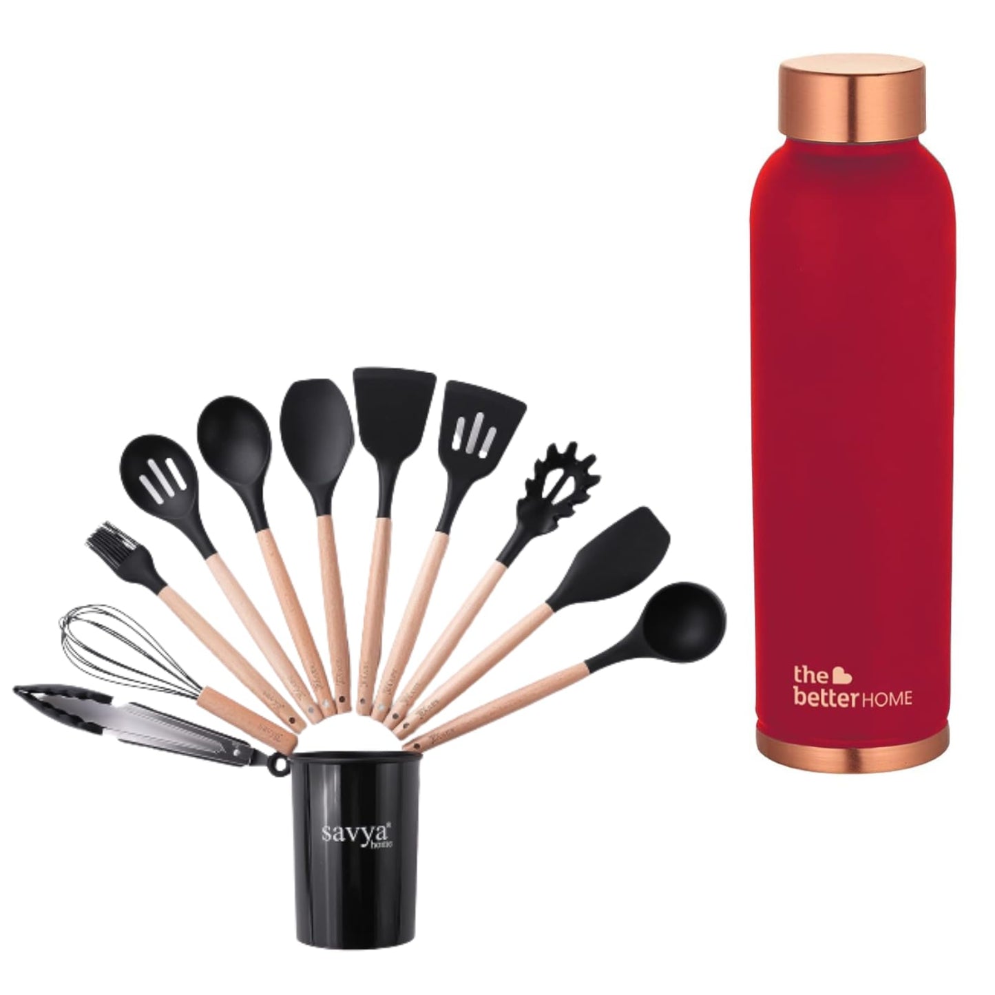 The Better Home 100% Pure Copper Water Bottle 1 Litre, Maroon & Savya Home 12 pcs Silicon Spatula Set, Black