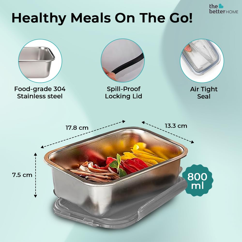 Pack of 2: Microwave Safe Lunch Boxes - Leak Resistant, Dishwasher Safe | 800ml Each | Silver | Modern