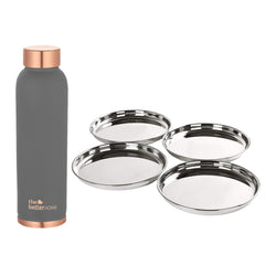 The Better Home 100% Pure Copper Water Bottle 1 Litre, Grey & Savya Home 4 pcs Big Plate Set (Grey)