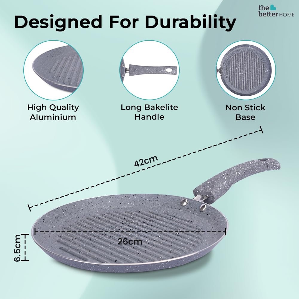 Non Stick Fry Grill Pan - 3 Layer Coating, Easy Grip Handle | Dishwasher Safe | 26 cm | Grey