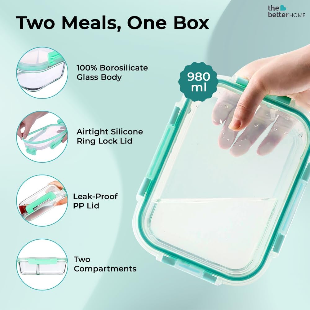 The Better Home Borosilicate Glass Lunch Box (980ml) | Tiffin Box for Office for Men Women |Lunch Box for Women School Kids |Microwave Safe Leak Proof Airtight Lunch Boxes | Tiffin Box