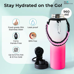 The Better Home Stainless Steel Insulated Water Bottles | 960 ml Each | Thermos Flask Attachable to Bags & Gears | 6/12 hrs hot & Cold | Water Bottle for School Office Travel | Pink-White
