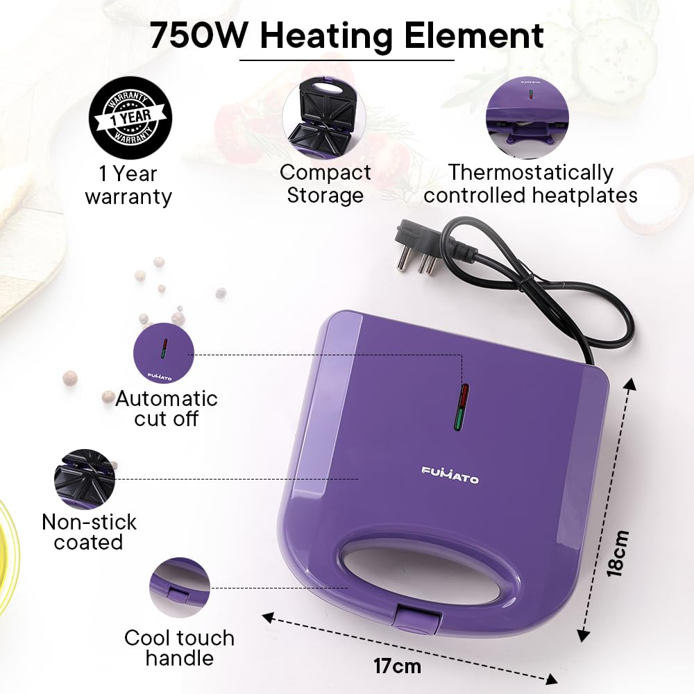 The Better Home FUMATO Anniversary, Wedding Gifts for Couples - Non Stick Sandwich Maker + Portable Electric Hand Blender | House Warming Gifts for New Home | 1 Year Warranty (Purple)