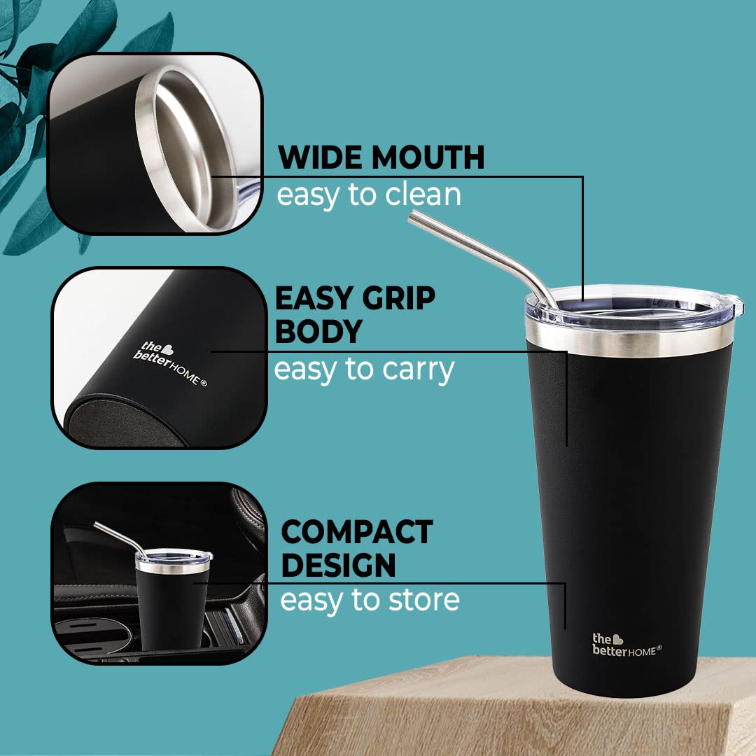 The Better Home Pack of 2 Insulated Coffee Tumbler with straw & Stainless-Steel Bottle | Double-Walled 304 Steel | Leakproof | Ideal for Travel Home Office | 6 hrs Hot & Cold | Black