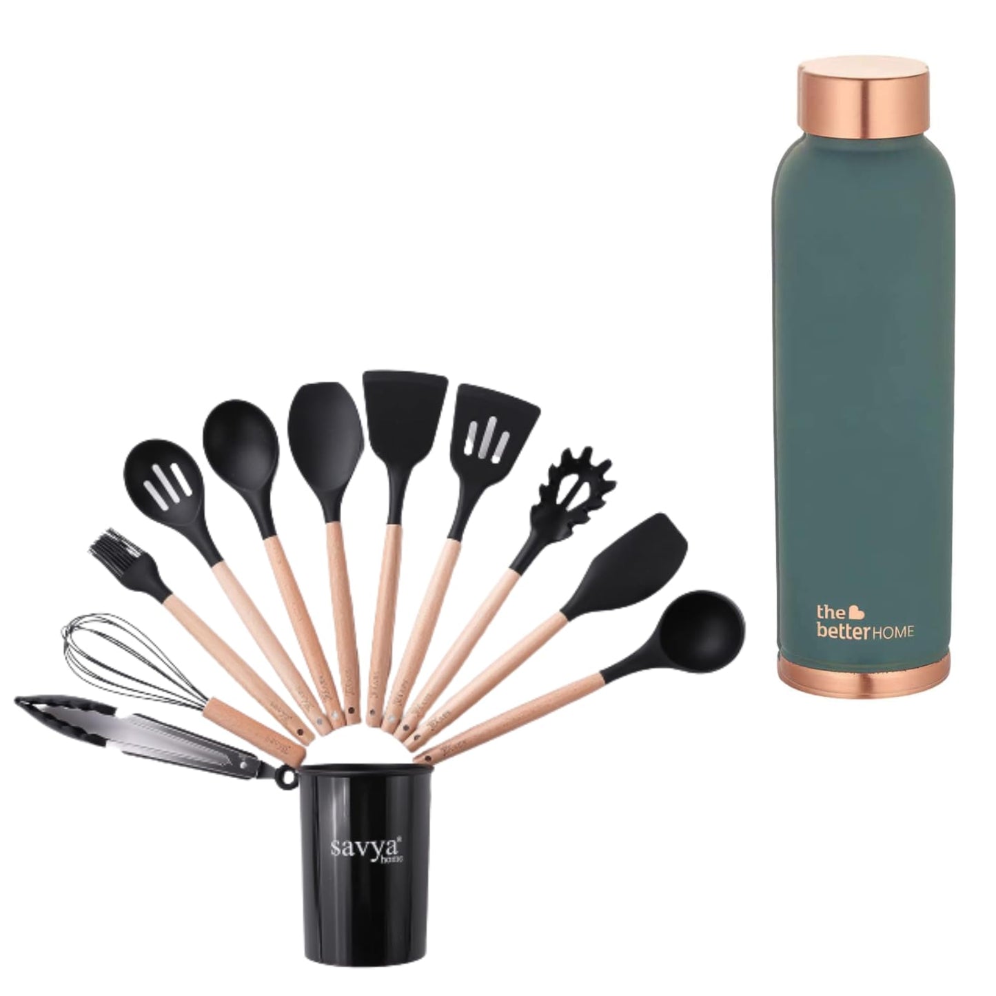 The Better Home 100% Pure Copper Water Bottle 1 Litre, Teal & Savya Home 12 pcs Silicon Spatula Set, Black