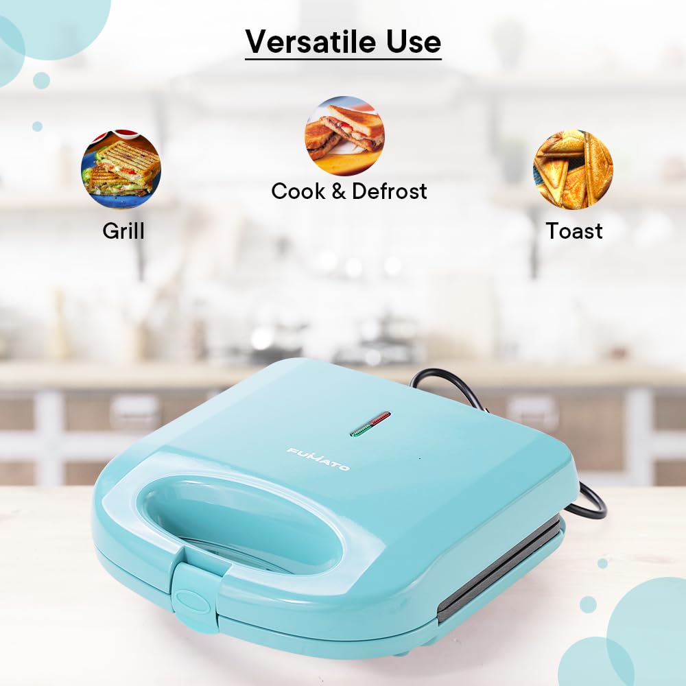 The Better Home FUMATO 750 W 2 Slice Toast Sandwich Maker | Non-stick Aluminium Plates, Cool Touch Technology, Power Indicator, Upright Compact Storage, Buckle Clip Lock | 1 Yr Warranty- Misty Blue