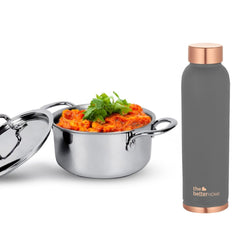 The Better Home 100% Pure Copper Water Bottle 1 Litre, Grey & Savya Home Triply Stainless Steel Casserole with Lid, 4L (22cm), Gas & Induction Cookware