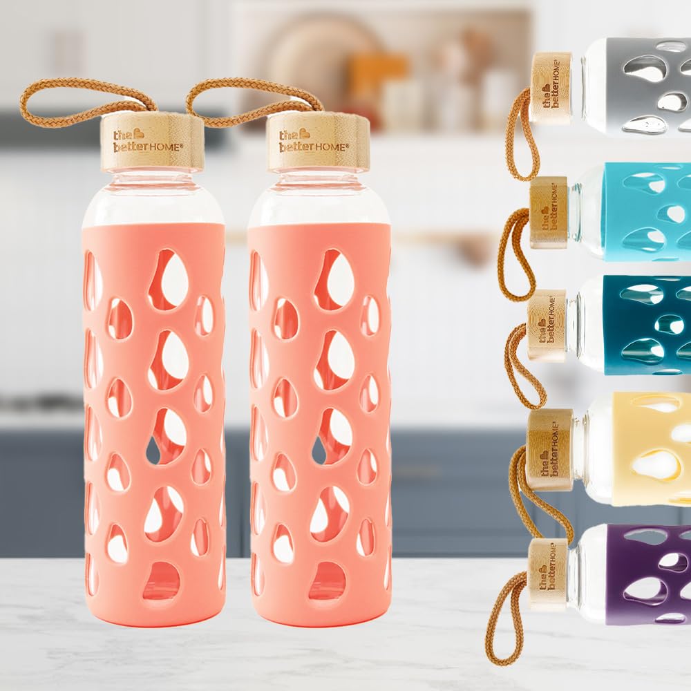Borosilicate Glass Water Bottle with Sleeve 550ml | Non Slip Silicon Sleeve & Bamboo Lid | Water Bottles for Fridge (Pack of 2)