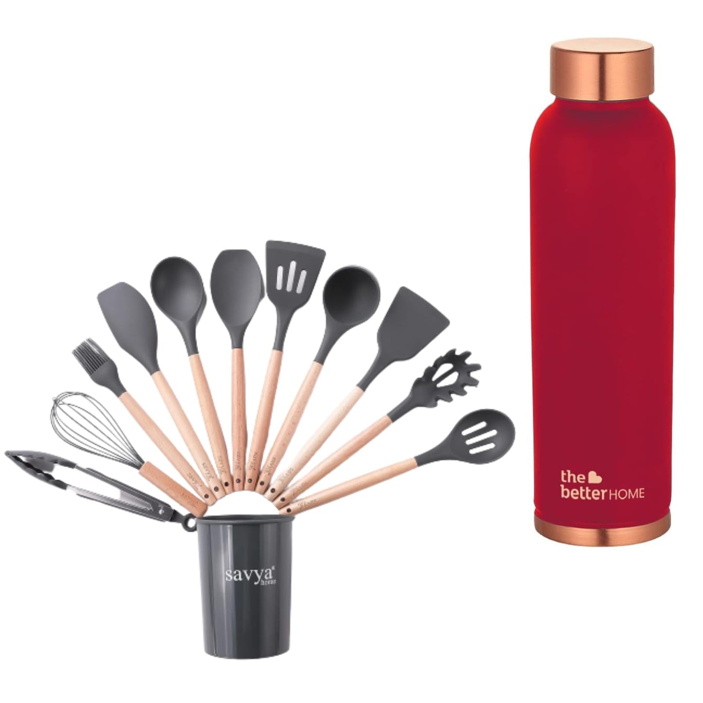 The Better Home 100% Pure Copper Water Bottle 1 Litre, Maroon & Savya Home 12 pcs Silicon Spatula Set, Grey