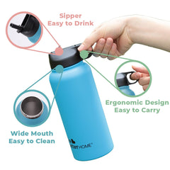 Stainless Steel Insulated Sipper Water Bottle for Adults and Kids 1 Litre | Thermos Flask 1 Litre | Hot and Cold Insulated Water Bottle 1 Litre+ (Blue, Set of 1)