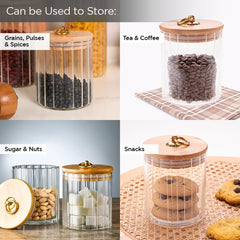 The Better Home Pack of 2 Borosilicate Kitchen Containers Set with Wooden Lid & Metal Loop | Microwave Safe | Multi-Utility Storage Jars for Cookies, Snacks, Tea, Coffee, Sugar | 530 ml Each