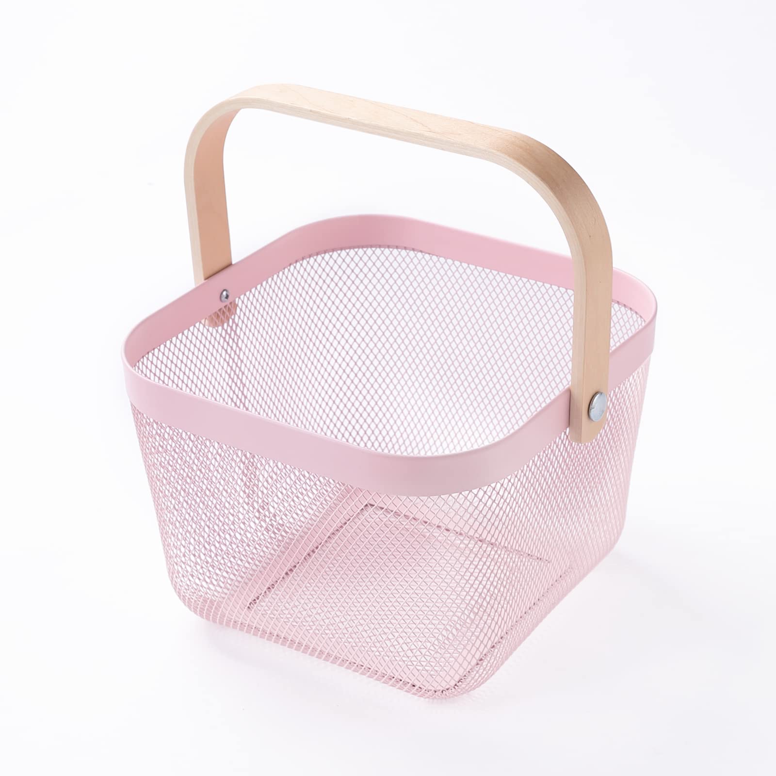 Metal Mesh Storage Basket with Wooden Handle | Ideal for Storage, Shopping, Picnics and More (Pink)
