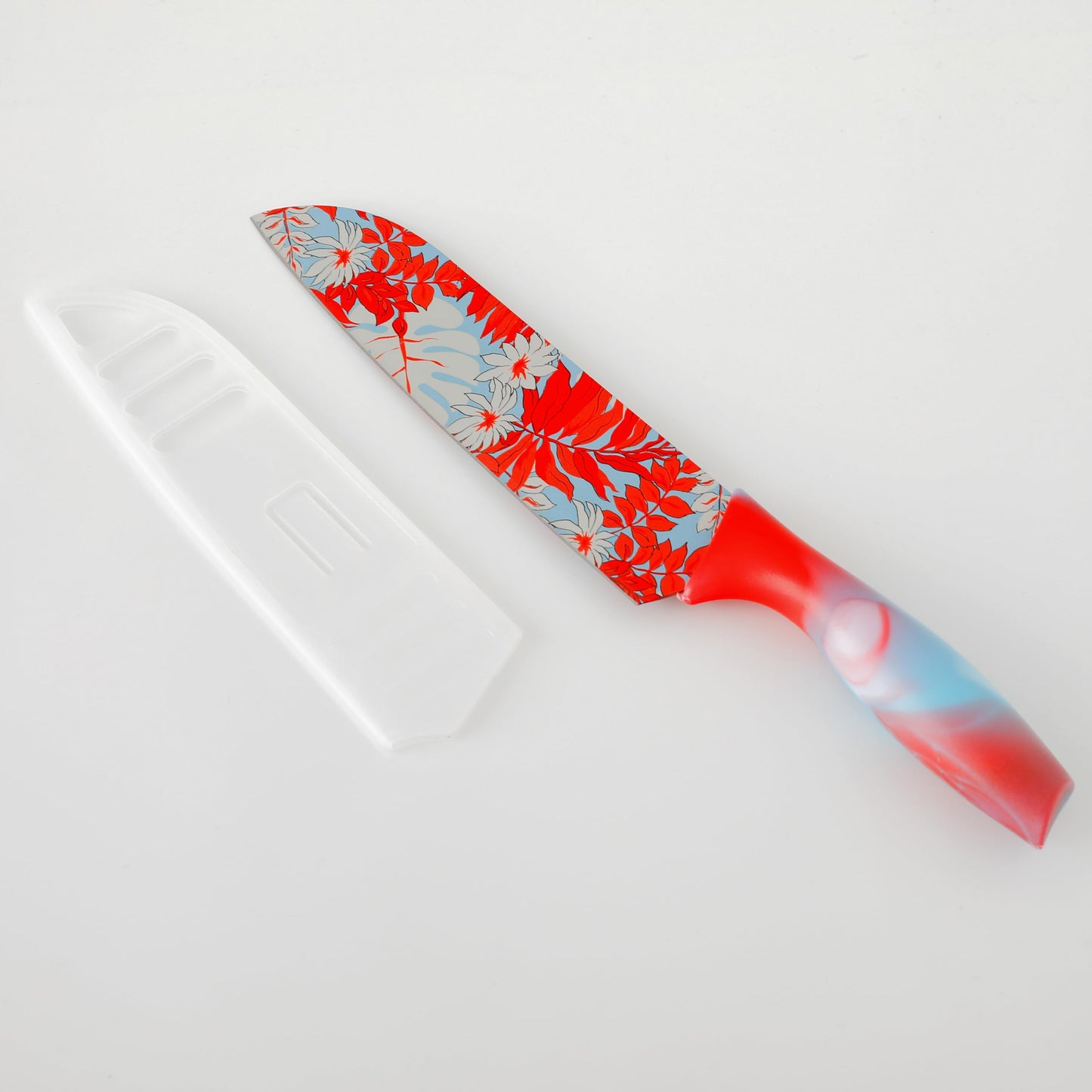 Combo: Kitchen Chef Santoku Knife - Color Printing, Non-Slip Handle | Blade Cover | 7 inch | Red, Set of 3