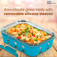 The Better Home Borosilicate Lunch Boxes with Removable Silicone Sleeves (370ml, 640ml,1050ml)| Lunch Box for Office Men Women | Tiffin Box for Kids| Microwave Safe Leak-Poof Locking Lid - Blue